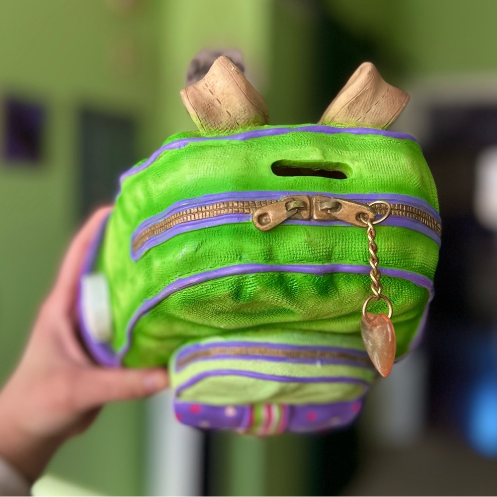 Handmade Vibrant Green & Purple Rustic 3D Textured Backpack Bag Piggy Bank - Picture 7 of 11